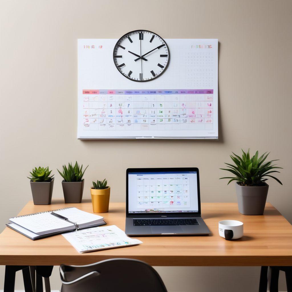 An organized workspace showcasing a laptop with automation software on the screen, surrounded by notes and a cup of coffee. Include a wall clock symbolizing time-saving benefits and a calendar reflecting stress-free renewal dates. The atmosphere should feel calm and productive, conveying a sense of mastery over tasks. vibrant colors. modern design.