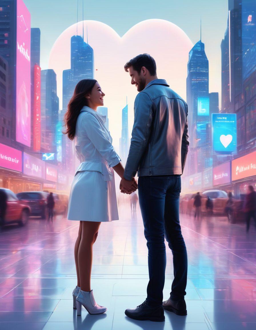A futuristic couple joyously embracing technology, surrounded by holographic subscription services icons like heart symbols, calendar reminders, and digital wallets. A sleek and modern city skyline is faintly visible in the background, symbolizing progress. Incorporate vibrant colors to represent enthusiasm for automated love. super-realistic. vibrant colors. white background.
