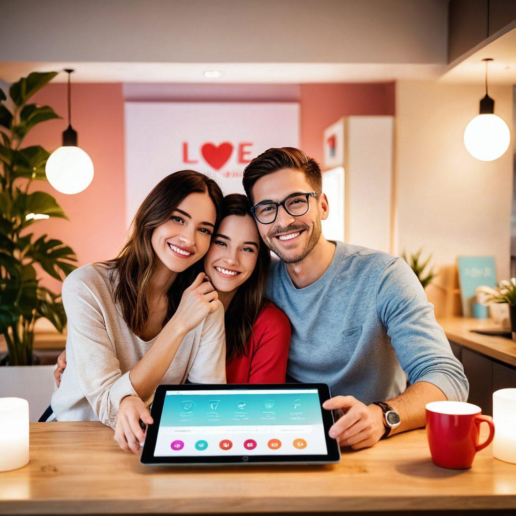 A visually engaging scene depicting a modern, user-friendly billing management interface on a sleek tablet, surrounded by floating heart icons representing love subscriptions. Soft pastel colors and gentle gradients fill the background, evoking a feeling of warmth and ease. Include a happy couple interacting with the device while enjoying a cozy moment together. super-realistic. vibrant colors. soft focus.